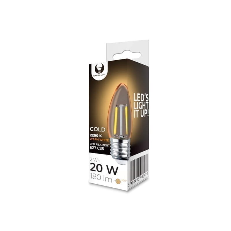 Żarówka LED E27 2W Filament C35 2200K COG złota opakowanie