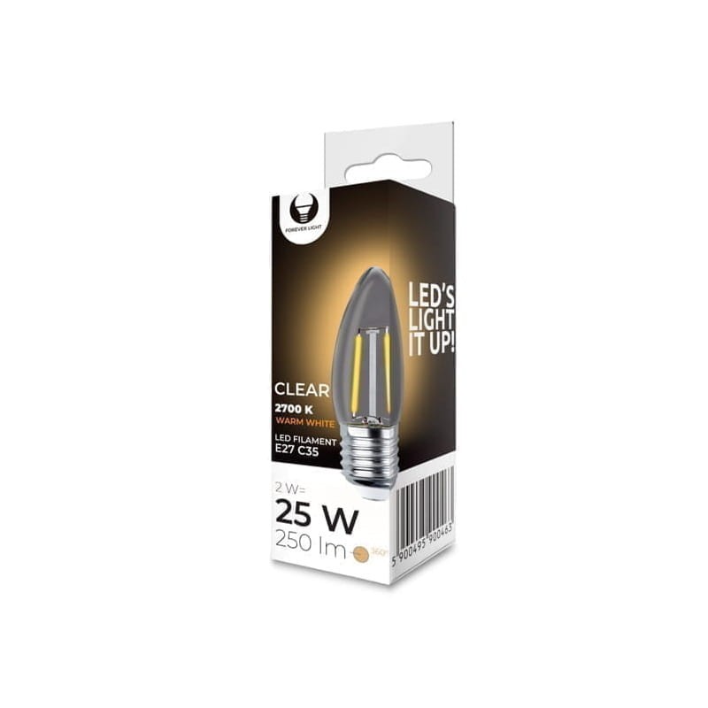 Żarówka LED E27 2W Filament C35 2700K COG przezroczysta opakowanie