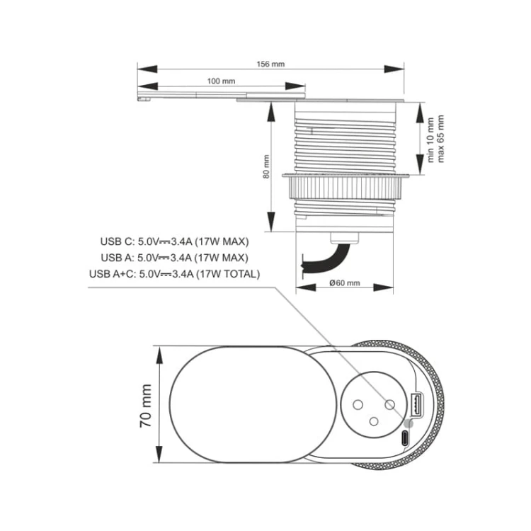 Gniazdo meblowe Slide Box z USB A+C wpuszczane wymiary