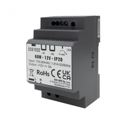 Zasilacz LED 60W 12V DC 5A na szynę DIN Premium