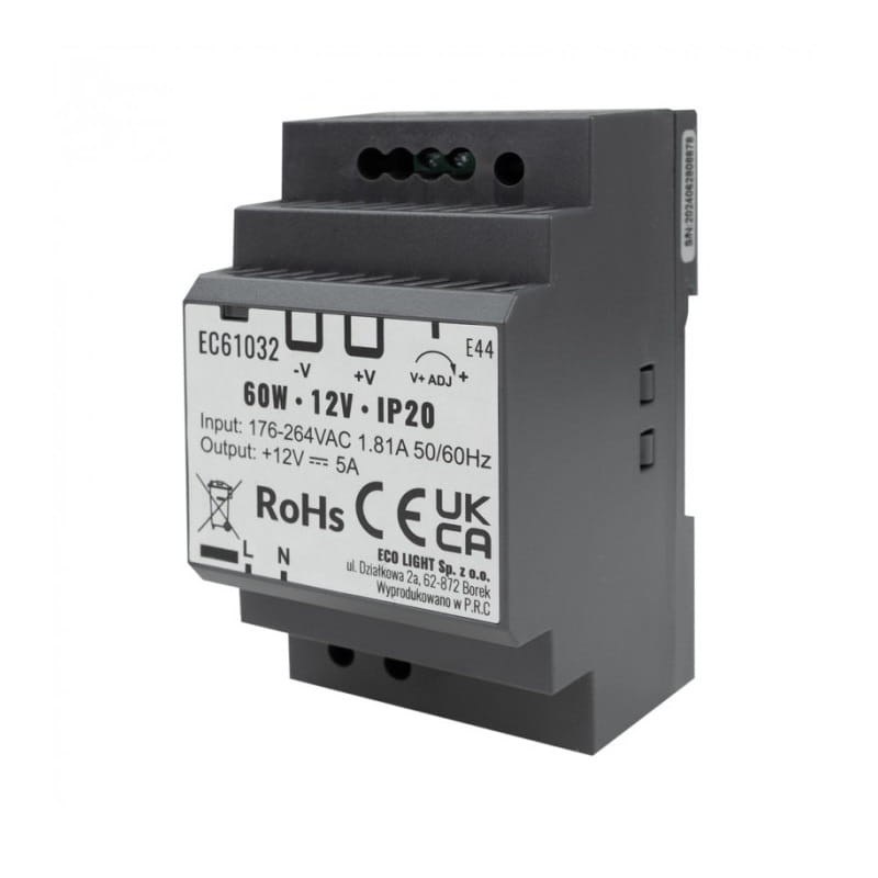 Zasilacz LED 60W 12V DC 5A na szynę DIN Premium