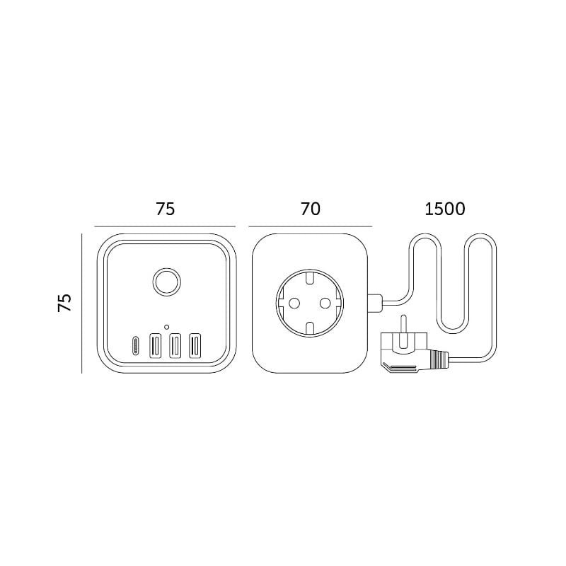 Przedłużacz rozgałęźnik Linea PRO Cube 3 gniazda 230V kabel 1,5m + 4xUSB wymiary