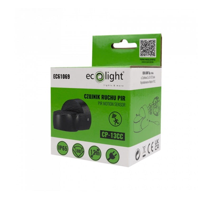 Czujnik ruchu i zmierzchu PIR regulowany IP44 CP-13CC czarny z opakowaniem