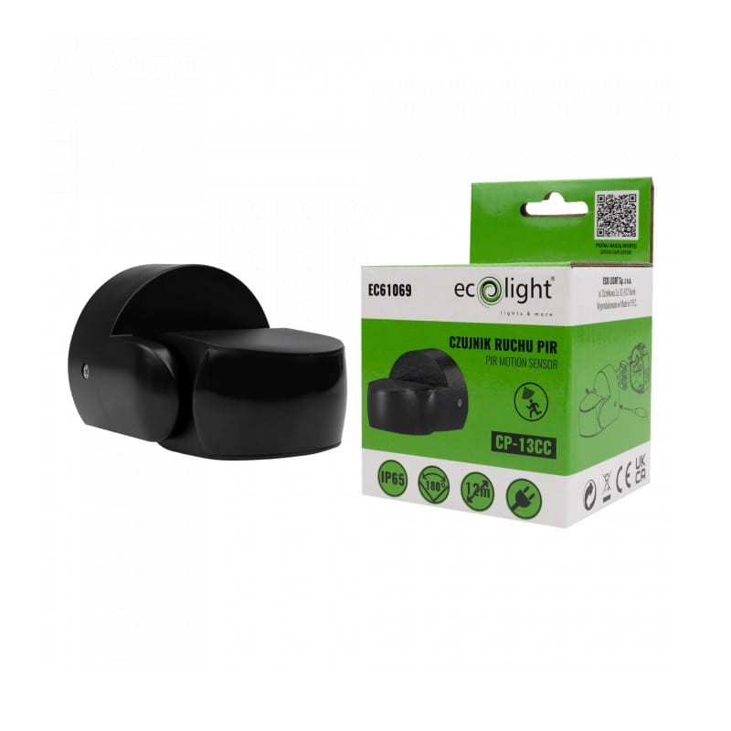 Czujnik ruchu i zmierzchu PIR regulowany IP44 CP-13CC czarny opakowanie