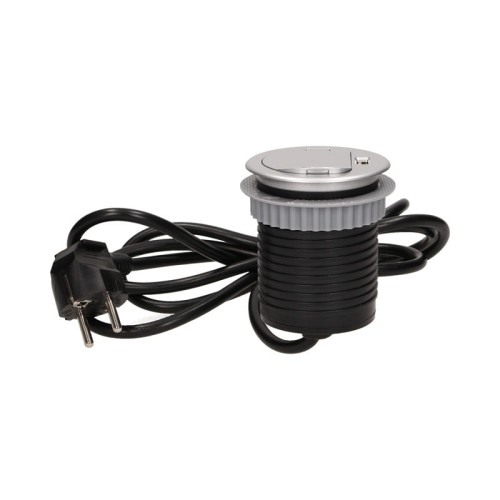 Gniazdo meblowe Ø6cm wpuszczane w blat z pokrywką, ładowarką USB i przewodem 1,8m, 1x2P+Z, 1xUSB, srebrne