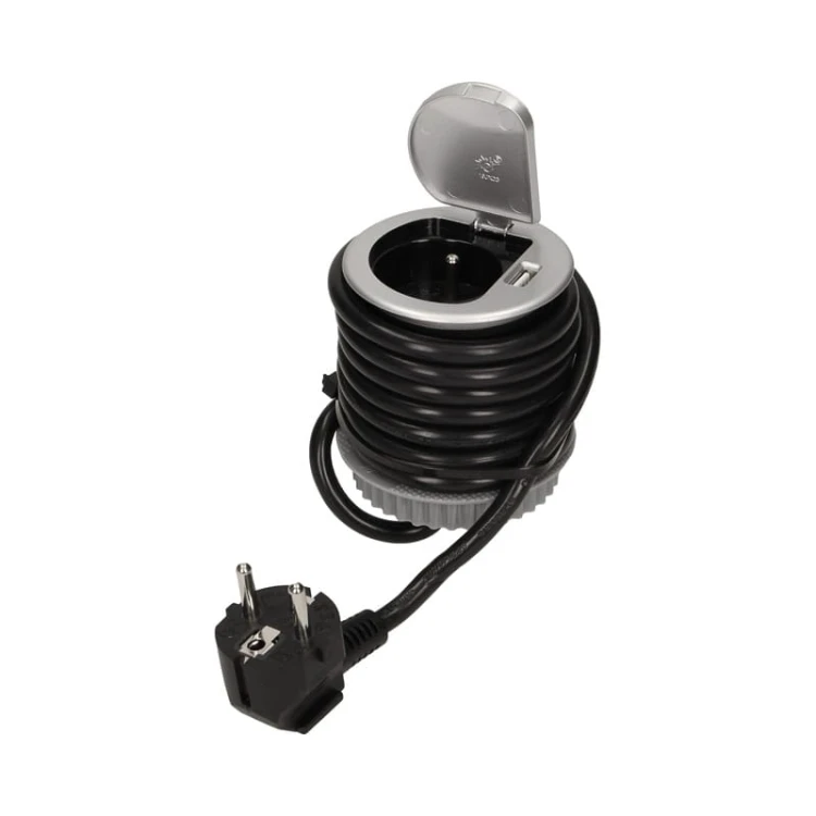 Gniazdo meblowe Ø6cm wpuszczane w blat z pokrywką, ładowarką USB i przewodem 1,8m