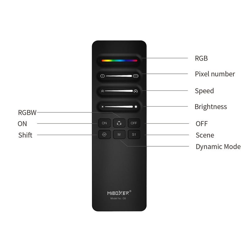 Pilot LED RGBW/Mono MiBoxer Milight C6 z uchwytem magnetycznym funkcje