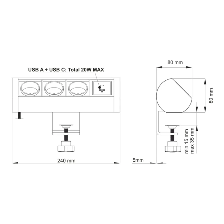 Listwa zasilająca OFFICEBOX USB A + C 1,8m wymiary
