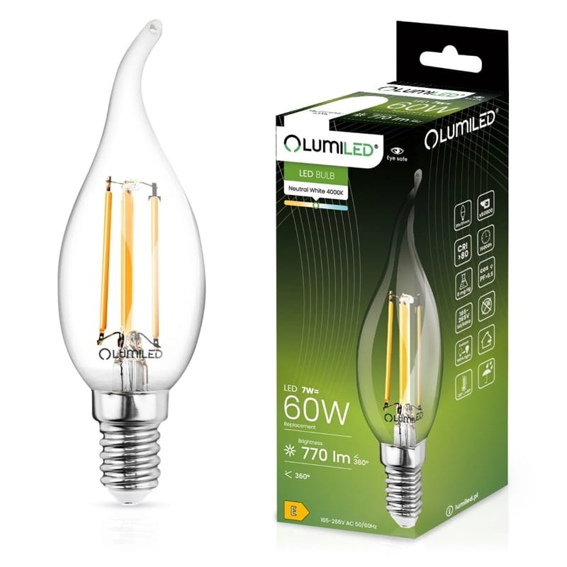 Żarówka LED E14 F35 7W płomyk Filament biała neutralna z opakowaniem