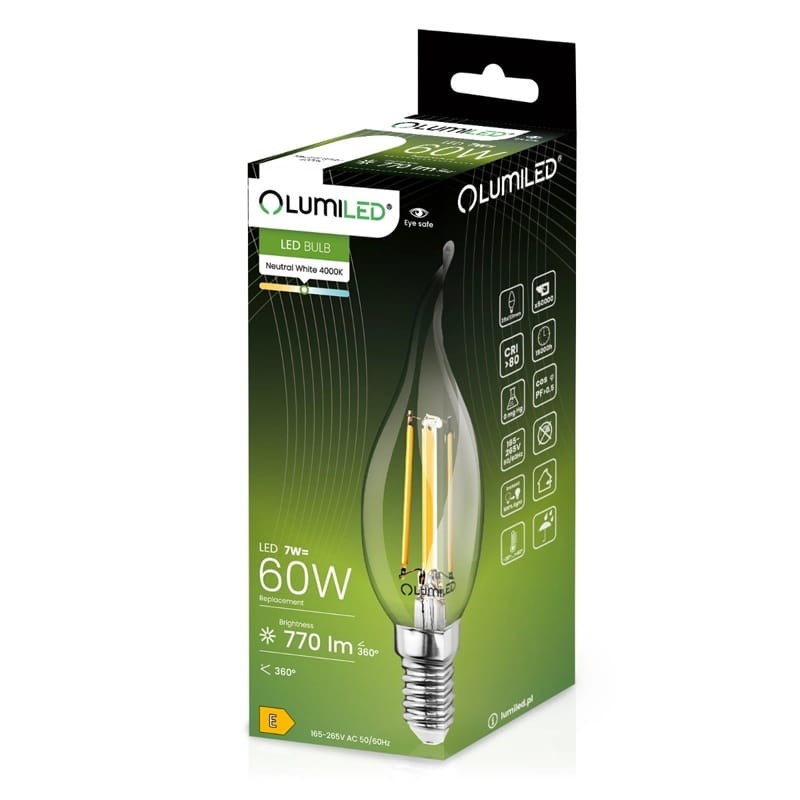 Żarówka LED E14 F35 7W płomyk Filament biała neutralna opakowanie