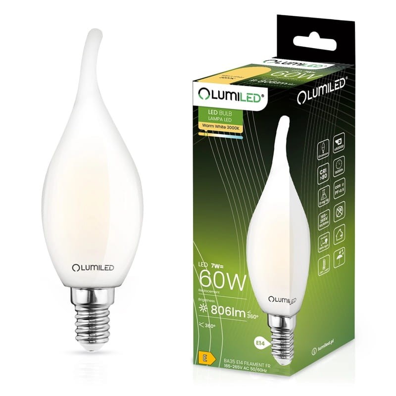 Żarówka LED E14 F35 7W płomyk Filament biała ciepła