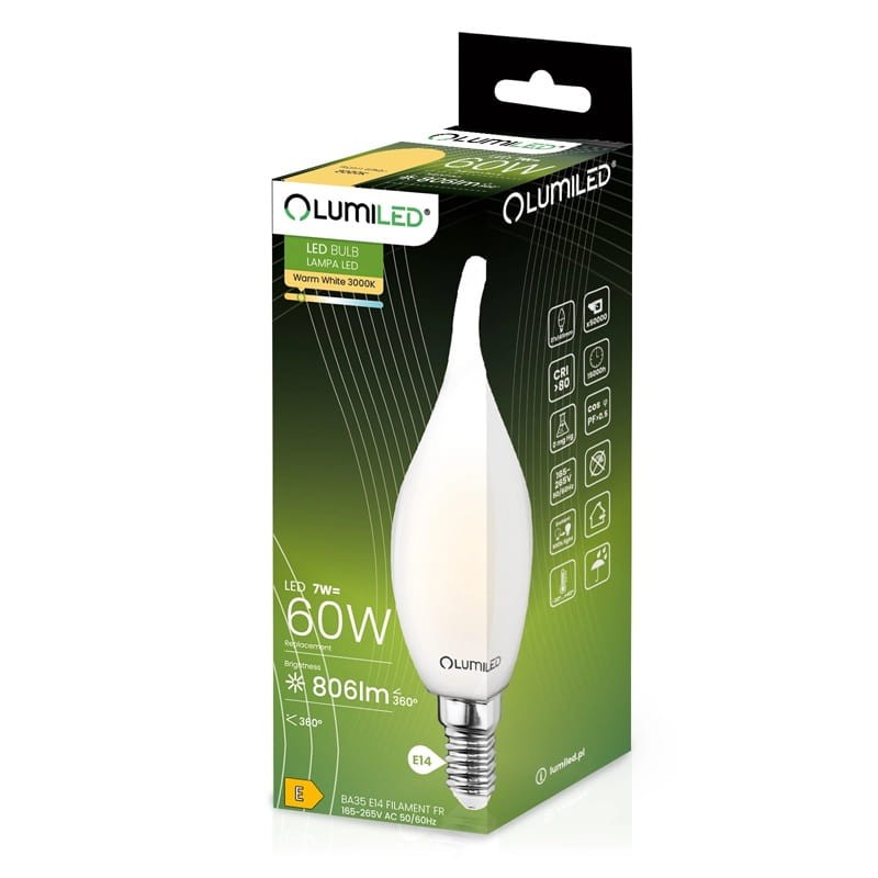 Żarówka LED E14 F35 7W płomyk Filament biała ciepła opakowanie