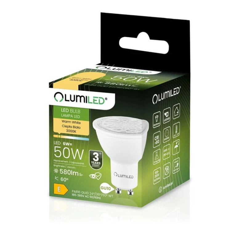 Żarówka LED GU10 6W 3000K biała ciepła regulowana 24° 36° 60° opakowanie
