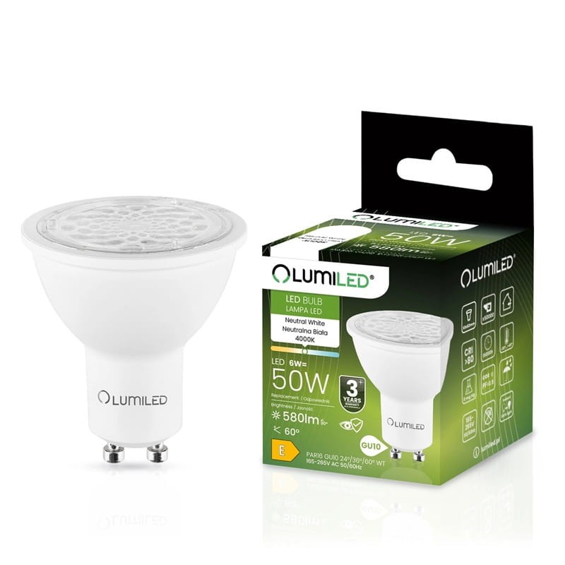 Żarówka LED GU10 6W 4000K biała neutralna regulowana 24° 36° 60°