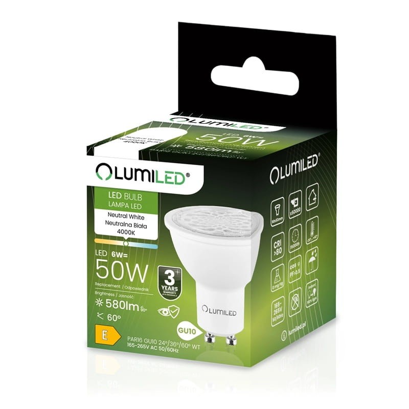 Żarówka LED GU10 6W 4000K biała neutralna opakowanie