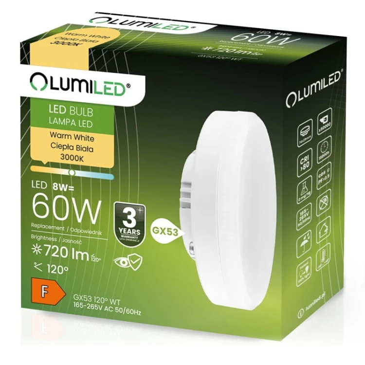 Żarówka LED GX53 12W 230V biała ciepła opakowanie
