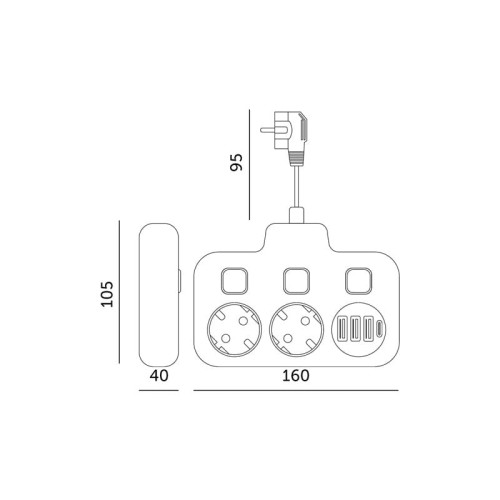 Przedłużacz rozgałęźnik Linea 2 gniazda 230V kabel 0,2m + 4xUSB wymiary