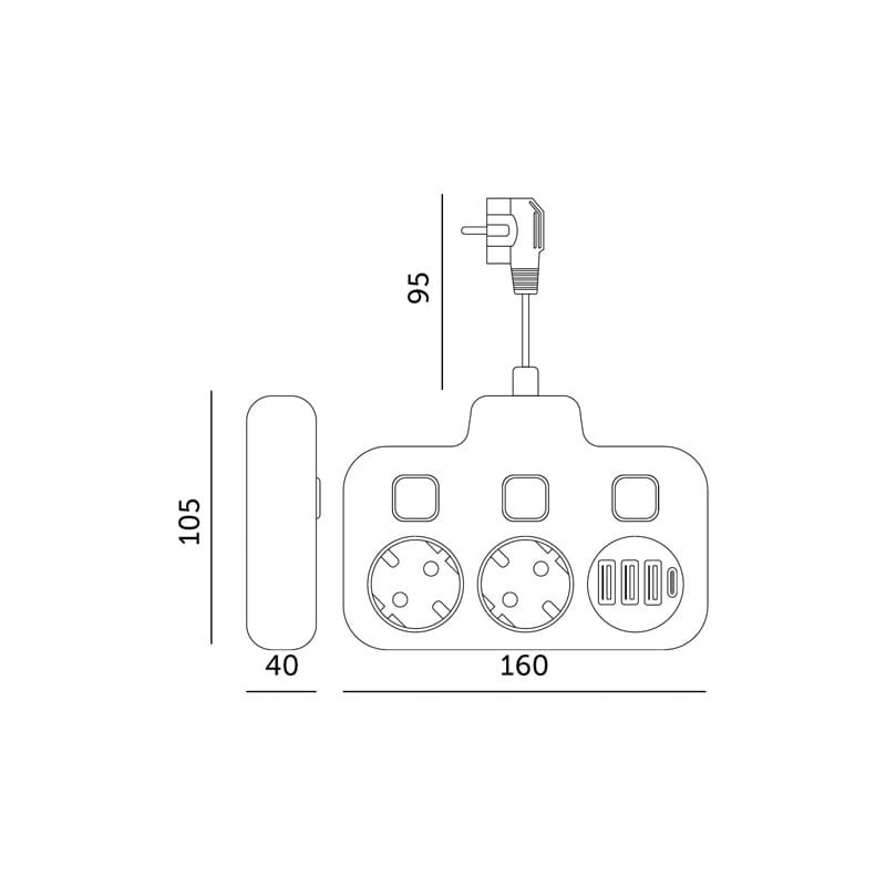 Przedłużacz rozgałęźnik Linea 2 gniazda 230V kabel 0,2m + 4xUSB wymiary