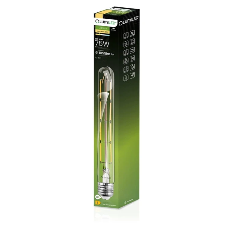 Żarówka LED E27 8W Filament T30 Tuba 360° 3000K biała ciepła opakowanie