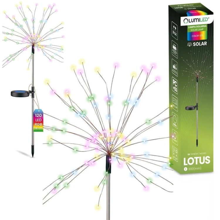 Lampa ogrodowa solarna LED RGB 90cm wbijana dmuchawiec fajerwerki LOTUS