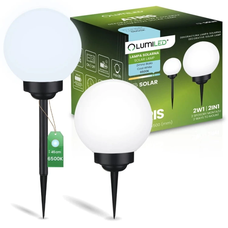 Lampa ogrodowa solarna 20cm ATRIS wbijana kula biała zimna