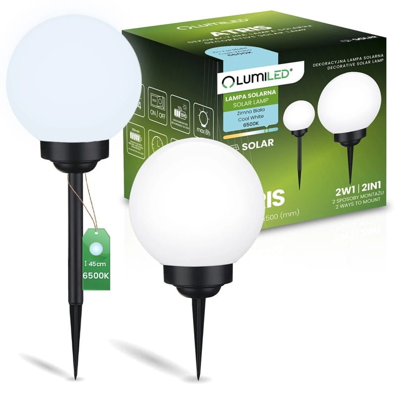 Lampa ogrodowa solarna 20cm ATRIS wbijana kula biała zimna