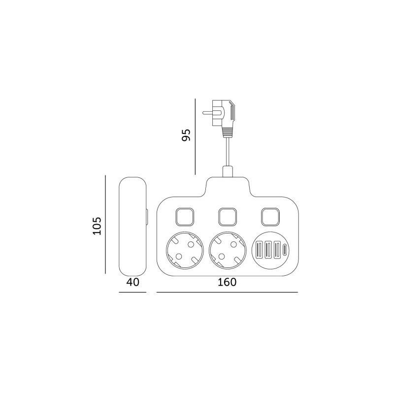 wymiary przedłużacza z dwoma gniazdami i 4 portami usb