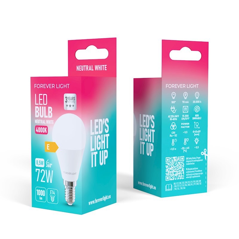 Żarówka LED E14 8,5W biała neutralna kulka G45 opakowanie