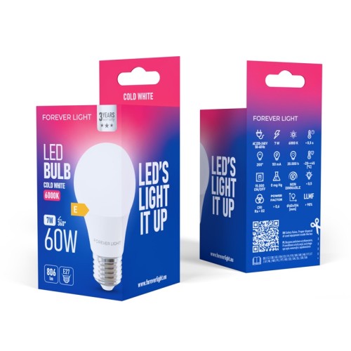 opakowanie żarówki LED E27 7W zimna 6000K 806lm A60