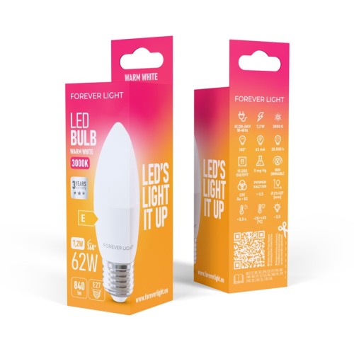 opakowanie żarówki LED E27 7,2W biała ciepła świeczka C37