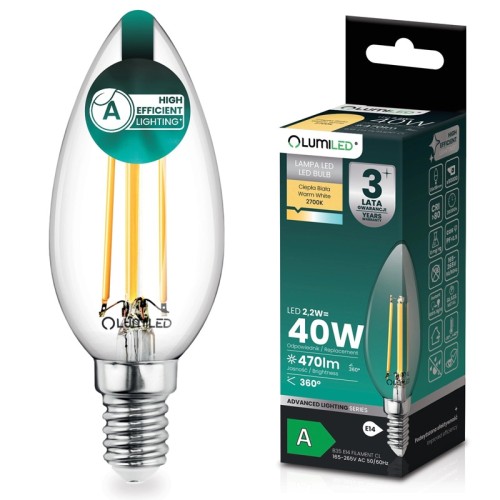 Żarówka LED E14 B35 2,2W świeczka Filament biała ciepła