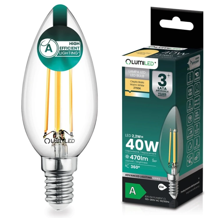 Żarówka LED E14 B35 2,2W świeczka Filament biała ciepła