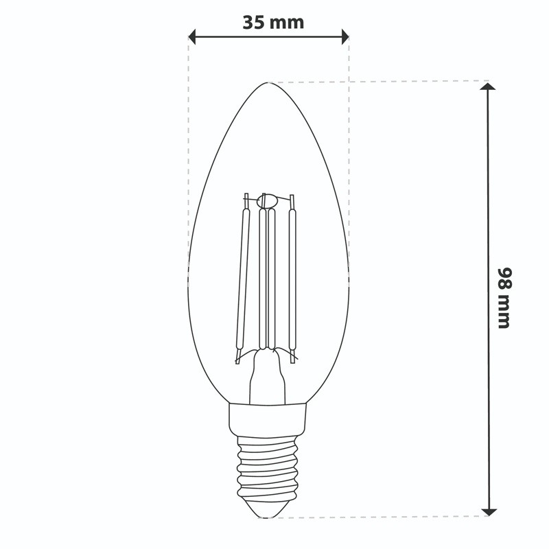 wymiary żarówki LED E14 B35 2,2W świeczka Filament biała ciepła