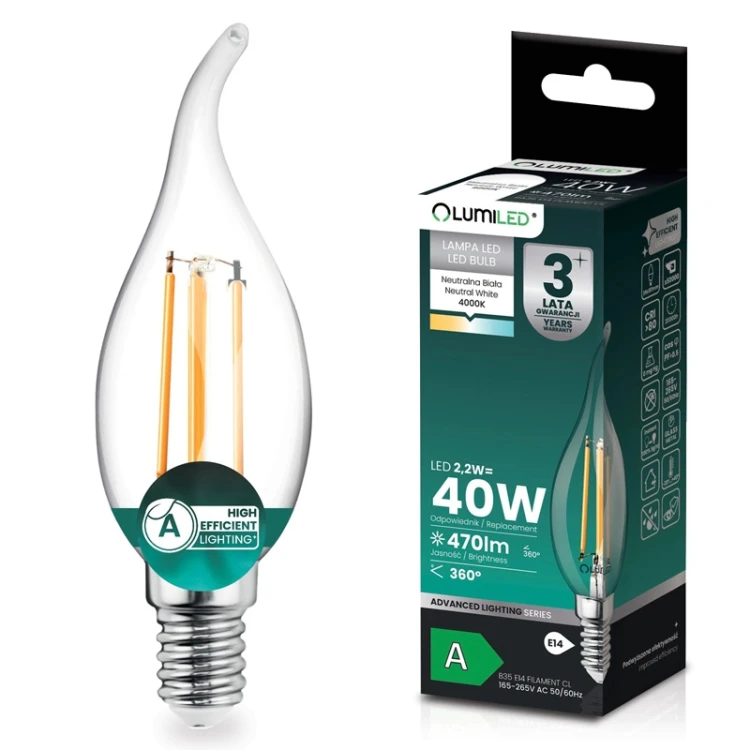 Żarówka LED E14 BA35 2,2W płomyk Filament biała neutralna