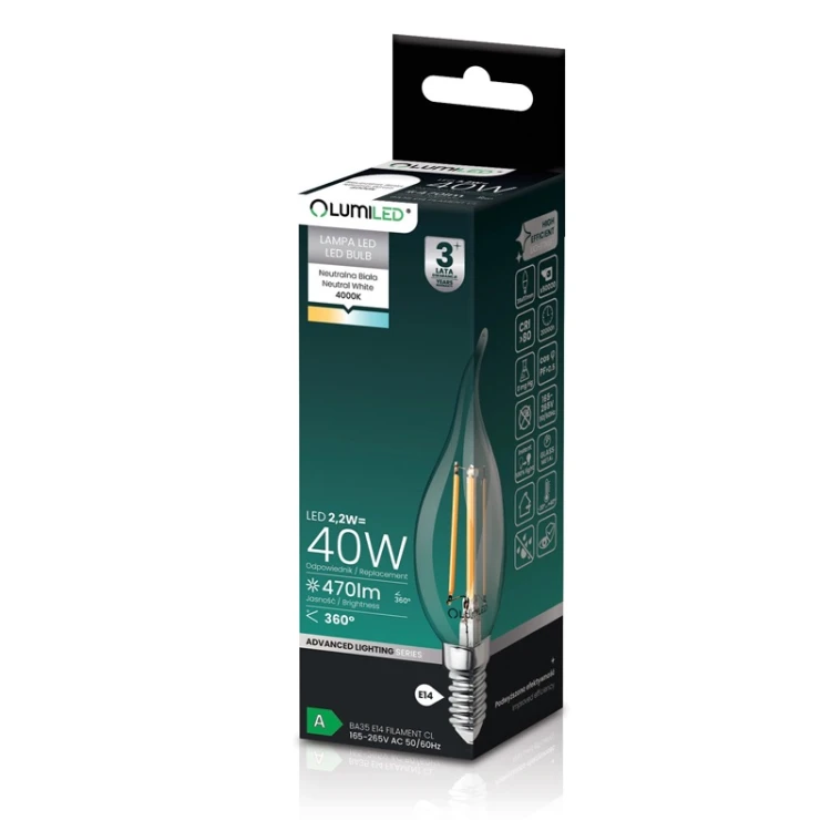 Żarówka LED E14 BA35 2,2W płomyk Filament biała neutralna