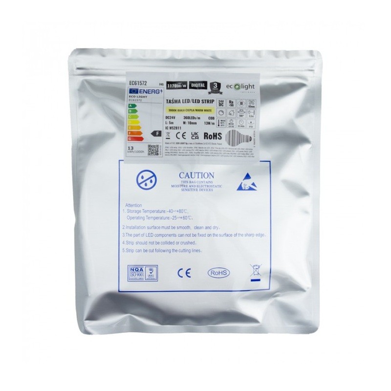 Taśma LED COB 360 24V ciepła 13W/m IP20 cyfrowa 5m