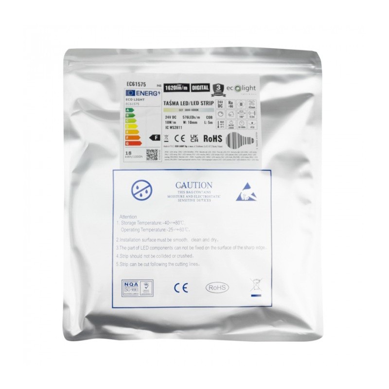 Taśma LED COB 576 24V CCT 18W/m IP20 cyfrowa 5m
