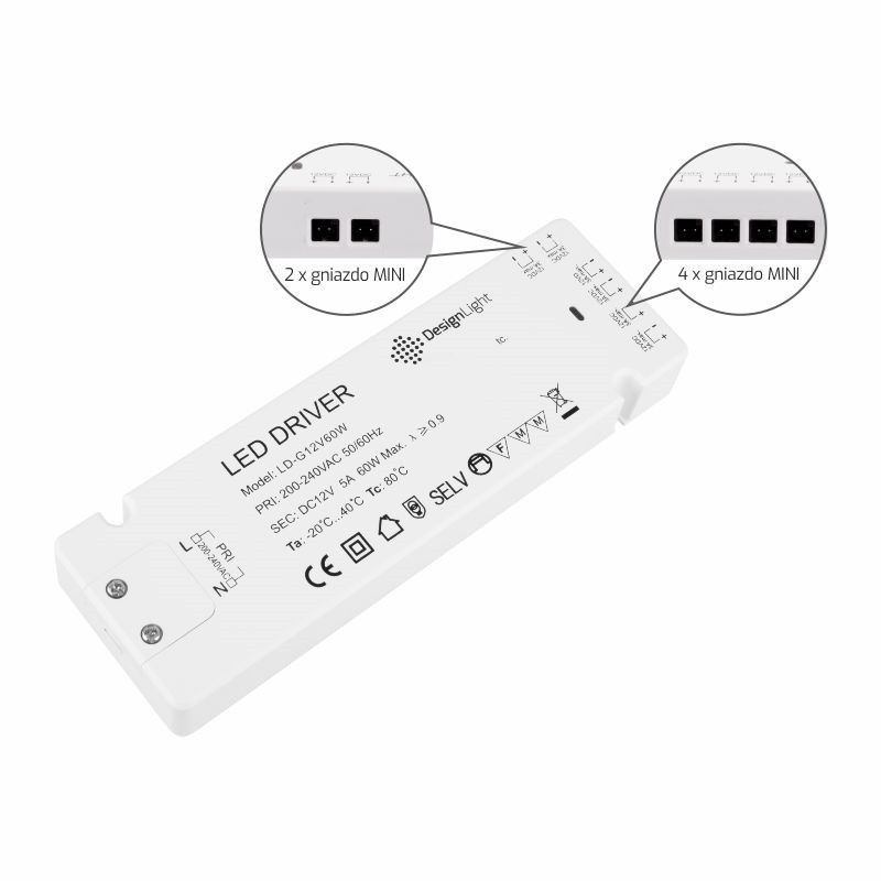 Zasilacz LED 60W z gniazdami mini