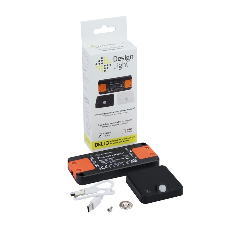 Zestaw bezprzewodowy PIR DELI 3 do szaf z funkcją ściemniania, ładowany USB czarny