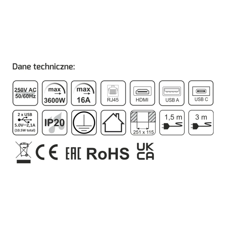 Gniazdo meblowe 1,5m 2 gniazda francuskie INBOX czarne z USB A+C, RJ45 i HDMI