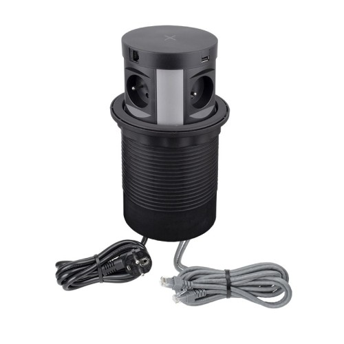 Gniazdo meblowe 1,7m 4 gniazda francuskie Multi BOX czarne z USB A+C, 2xRJ45 i ładowarką indukcyjną