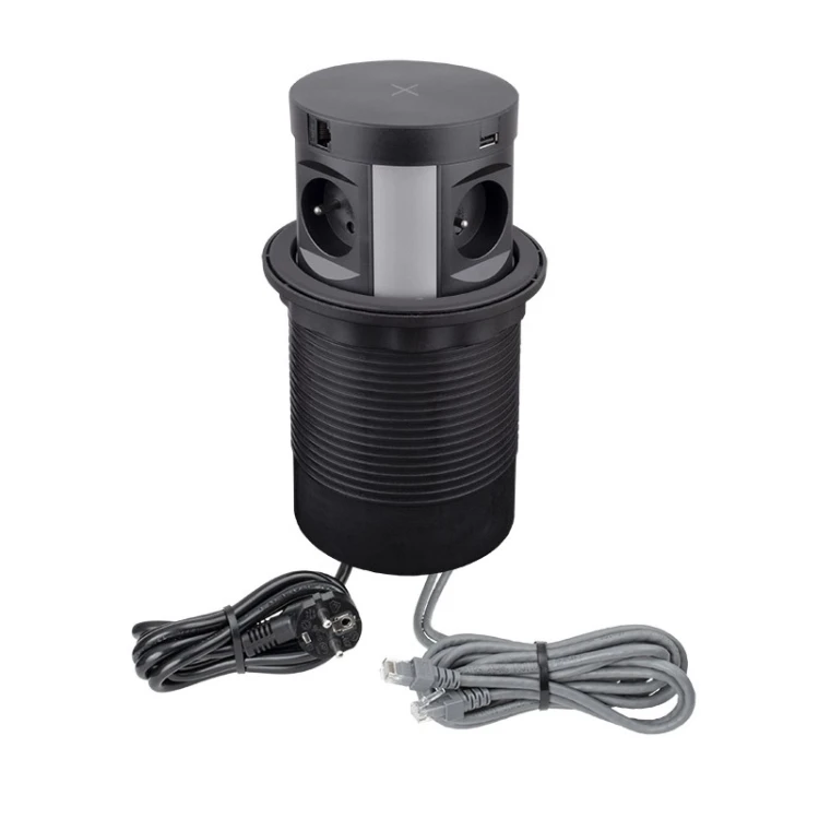 Gniazdo meblowe 1,7m 4 gniazda francuskie Multi BOX czarne z USB A+C, 2xRJ45 i ładowarką indukcyjną