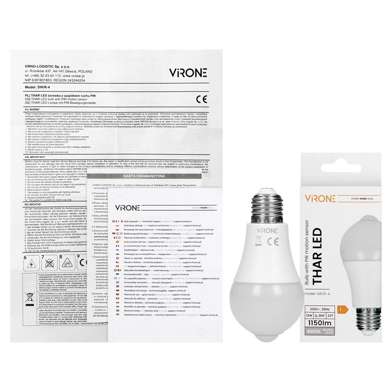 Żarówka LED E27 12W 1150lm 4000K 230V A60 THAR z czujnikiem ruchu i zmierzchu