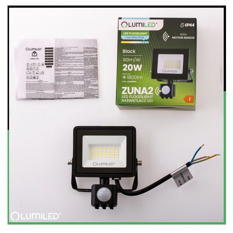 Naświetlacz LED ZUNA2 20W 1800lm 6500K IP44 Czarny Czujnik Ruchu