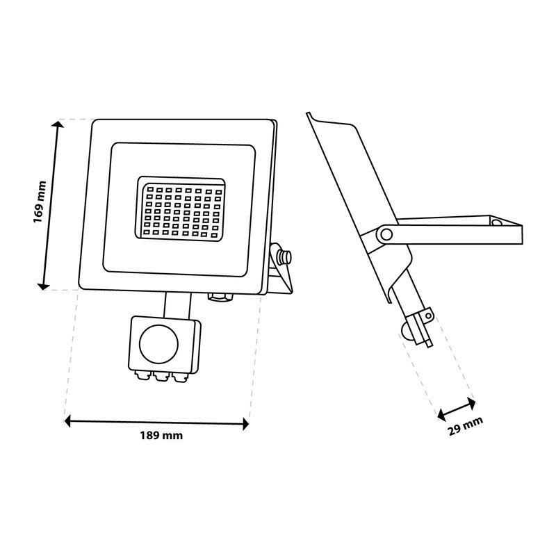 wymiary naświetlacz 50W 6500K IP44 z czujnikiem ruchu i zmierzchu