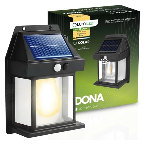 Kinkiet solarny, lampa elewacyjna LED 3000K IP44 DONA z czujnikiem ruchu i zmierzchu