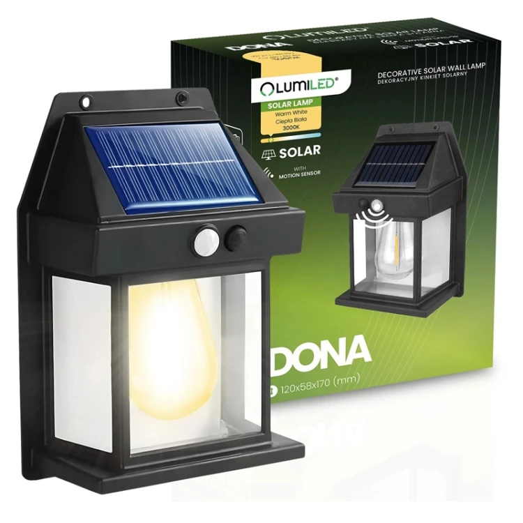 Kinkiet solarny, lampa elewacyjna LED 3000K IP44 DONA z czujnikiem ruchu i zmierzchu