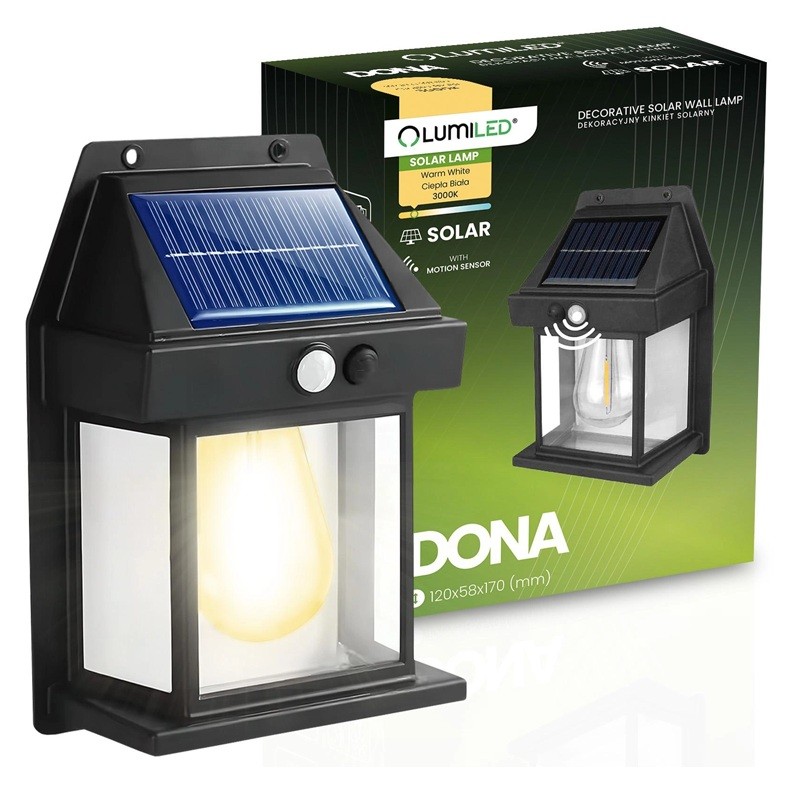 Kinkiet solarny, lampa elewacyjna LED 3000K IP44 DONA z czujnikiem ruchu i zmierzchu