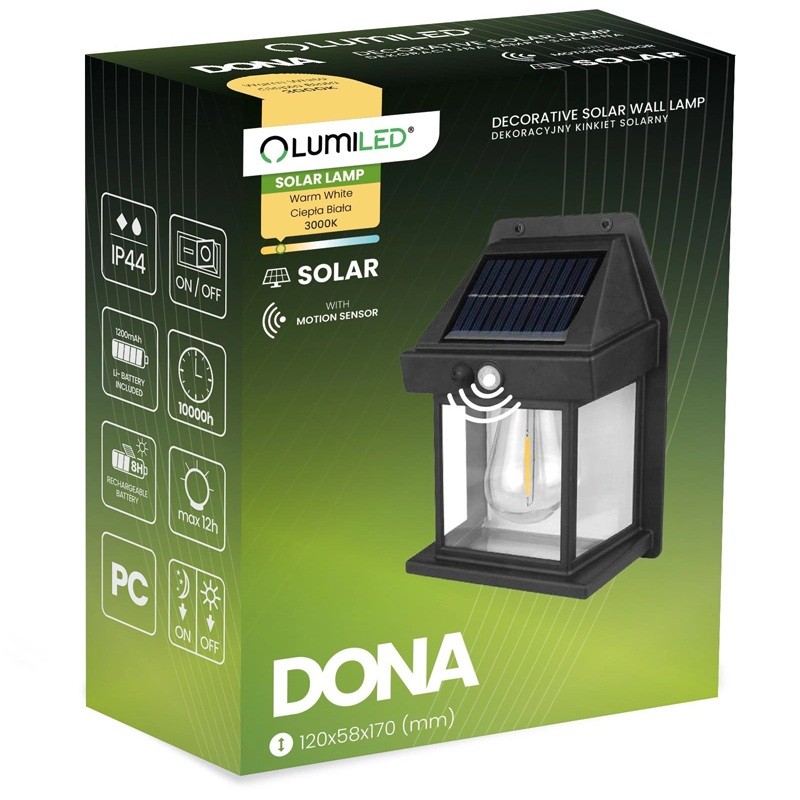 Kinkiet solarny, lampa elewacyjna LED 3000K IP44 DONA z czujnikiem ruchu i zmierzchu