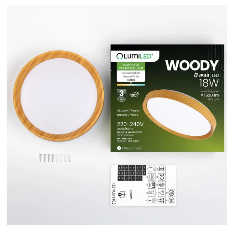 Lampa Sufitowa Oprawa WOODY 18W 4000K Okrągły IP44 27cm
